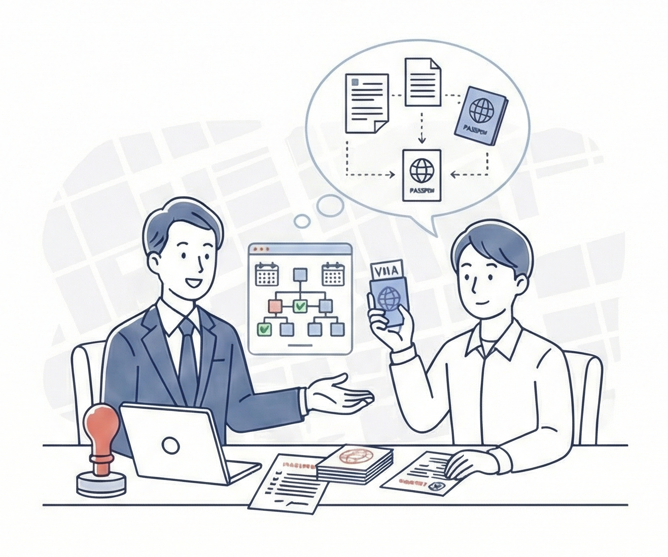 特定技能ビザ申請手続きと入管書類作成のプロセスを表すイラスト